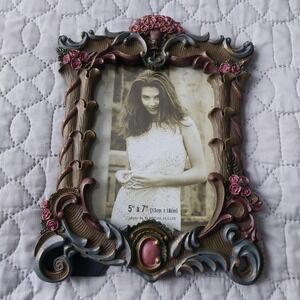 Terragrafics Victorian Ornate Rose Floral Resin Picture Frame 5x7 Brown Pink Blu